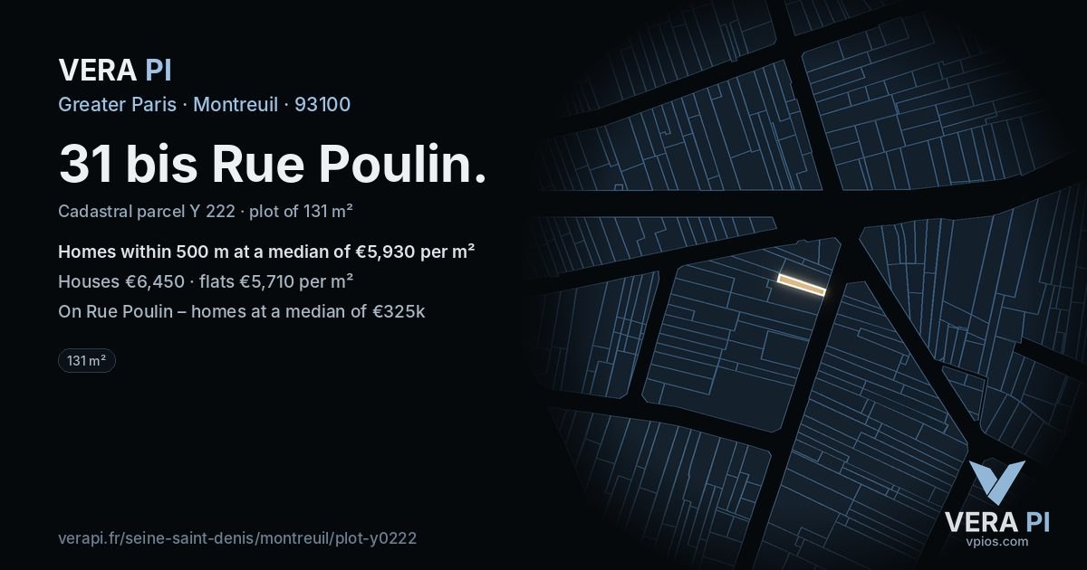 31 bis Rue Poulin, Montreuil at night – the plot lit, the parcels around coloured by the prices near them