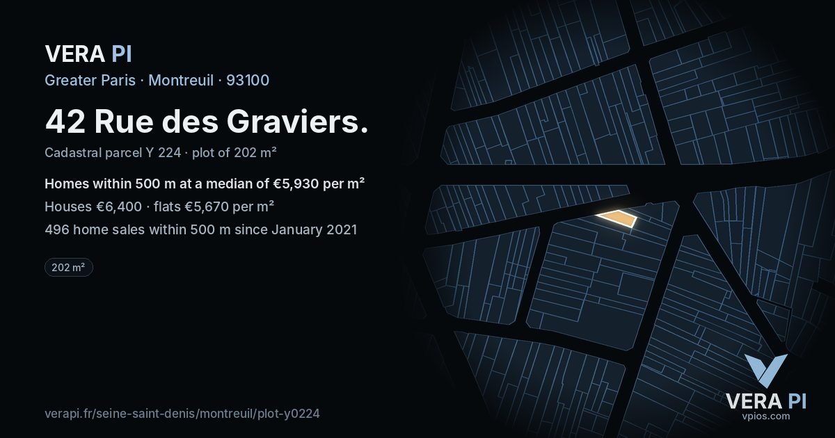 42 Rue des Graviers, Montreuil at night – the plot lit, the parcels around coloured by the prices near them