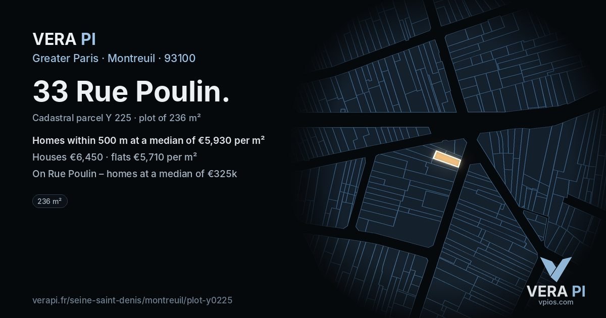 33 Rue Poulin, Montreuil at night – the plot lit, the parcels around coloured by the prices near them