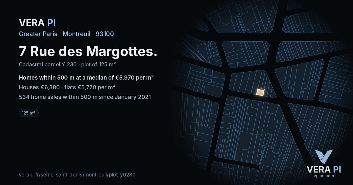 7 Rue des Margottes, Montreuil at night – the plot lit, the parcels around coloured by the prices near them