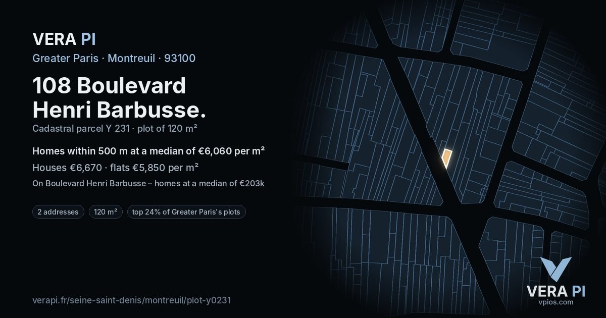 108 Boulevard Henri Barbusse, Montreuil at night – the plot lit, the parcels around coloured by the prices near them