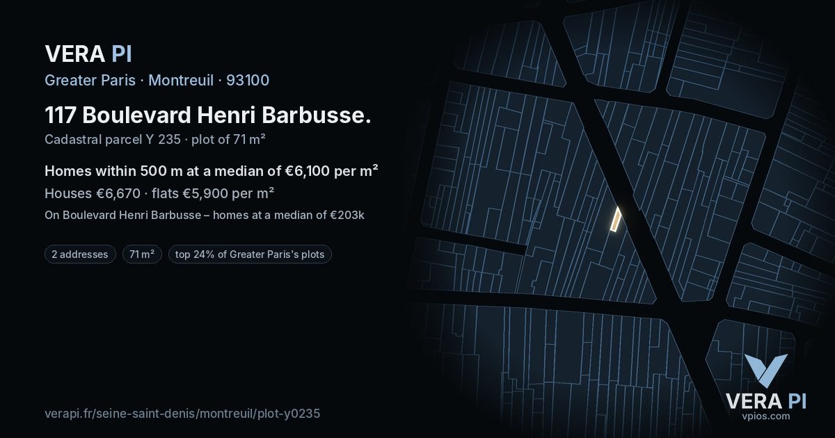 117 Boulevard Henri Barbusse, Montreuil at night – the plot lit, the parcels around coloured by the prices near them