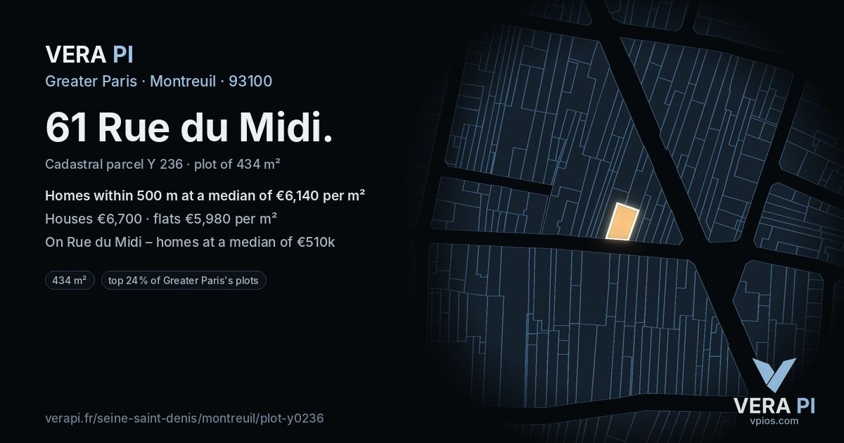 61 Rue du Midi, Montreuil at night – the plot lit, the parcels around coloured by the prices near them