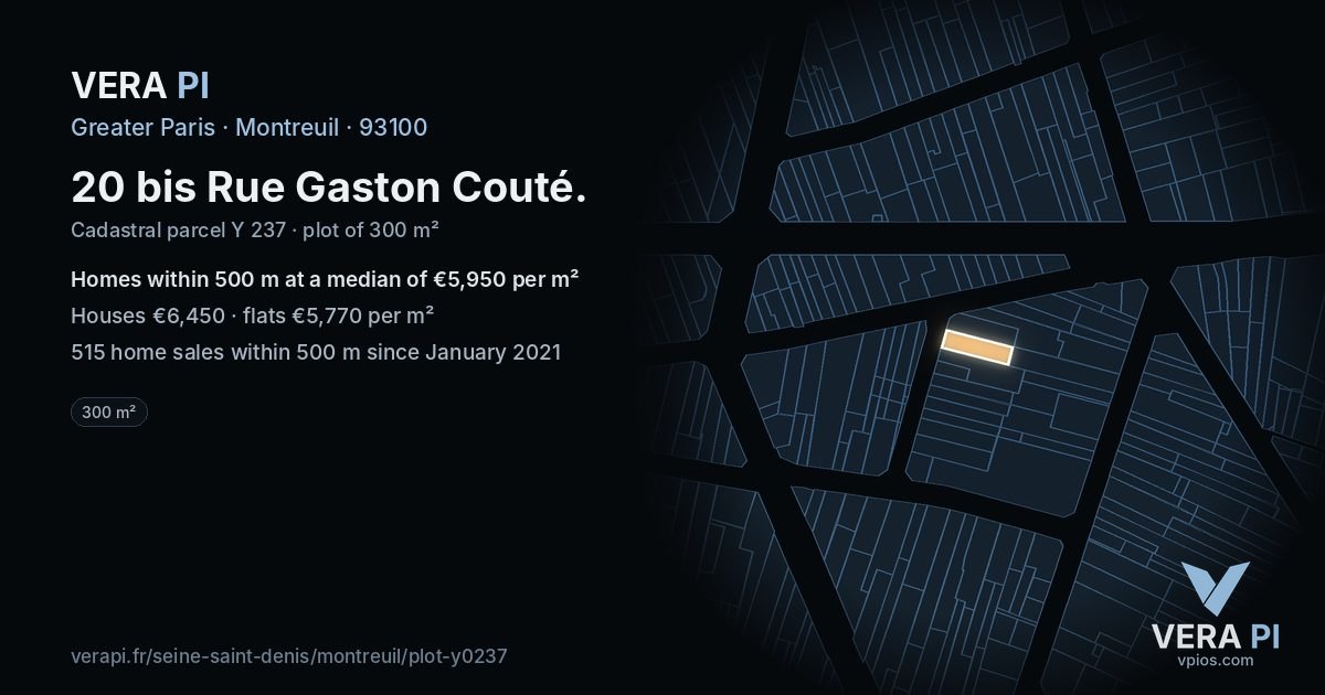 20 bis Rue Gaston Couté, Montreuil at night – the plot lit, the parcels around coloured by the prices near them
