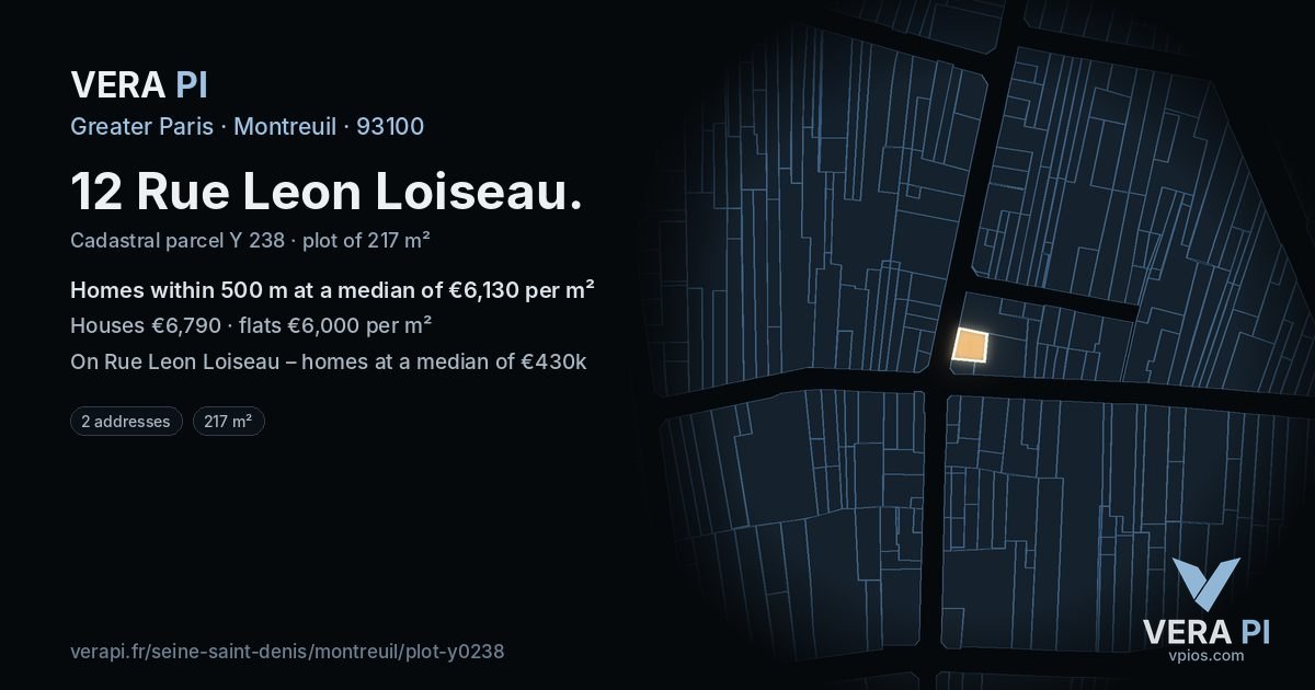 12 Rue Leon Loiseau, Montreuil at night – the plot lit, the parcels around coloured by the prices near them
