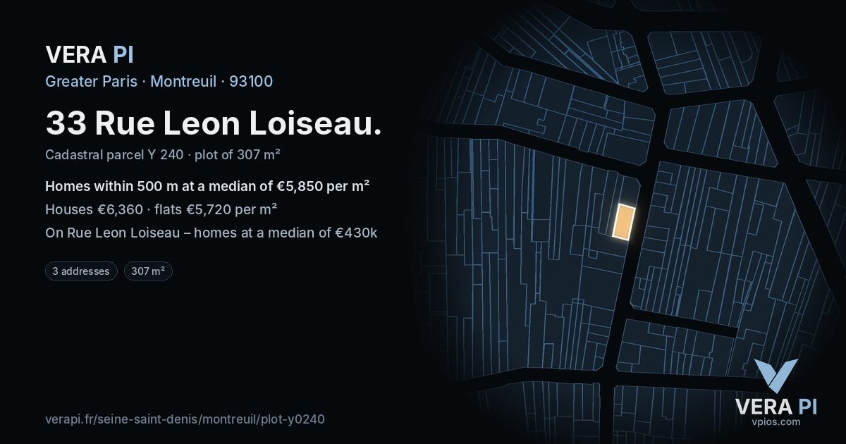 33 Rue Leon Loiseau, Montreuil at night – the plot lit, the parcels around coloured by the prices near them