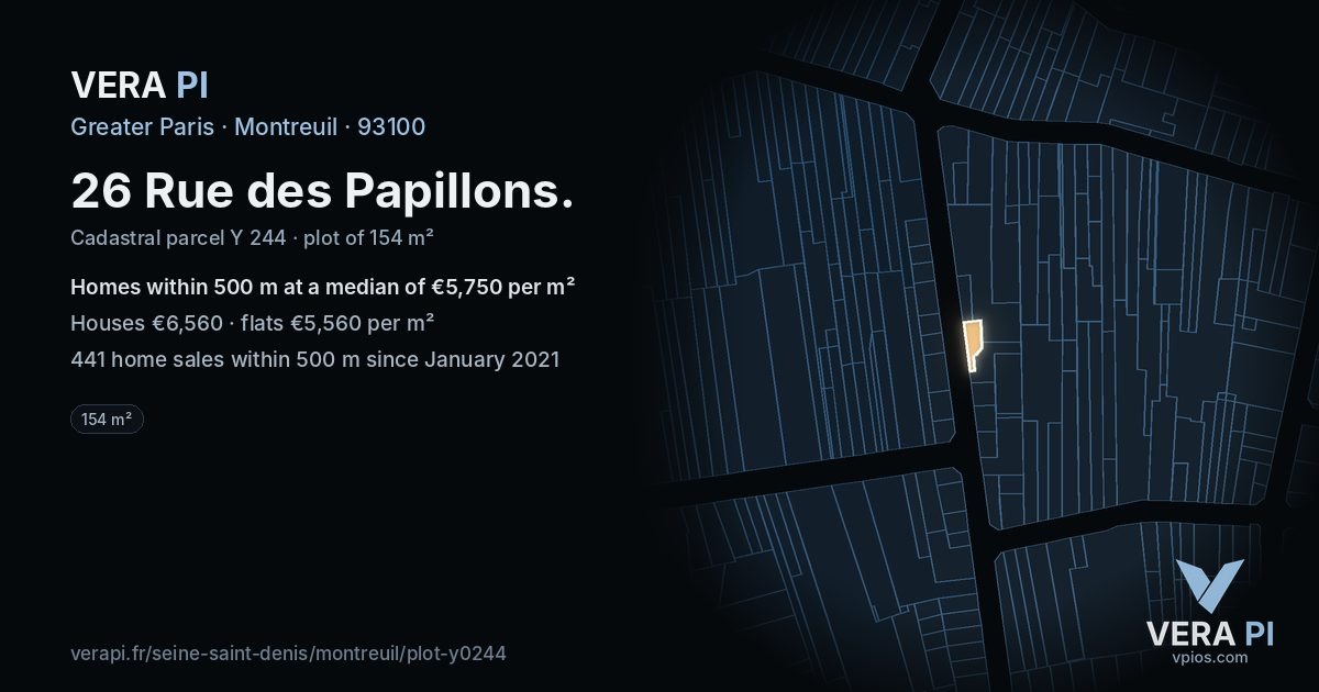 26 Rue des Papillons, Montreuil at night – the plot lit, the parcels around coloured by the prices near them