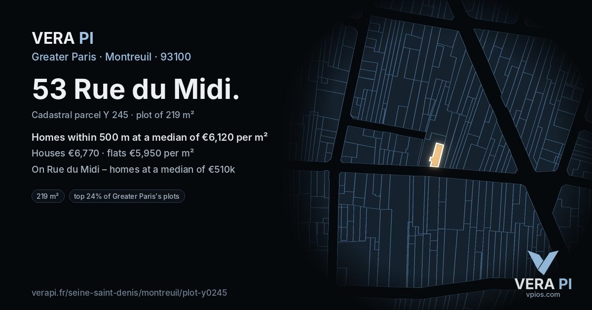 53 Rue du Midi, Montreuil at night – the plot lit, the parcels around coloured by the prices near them