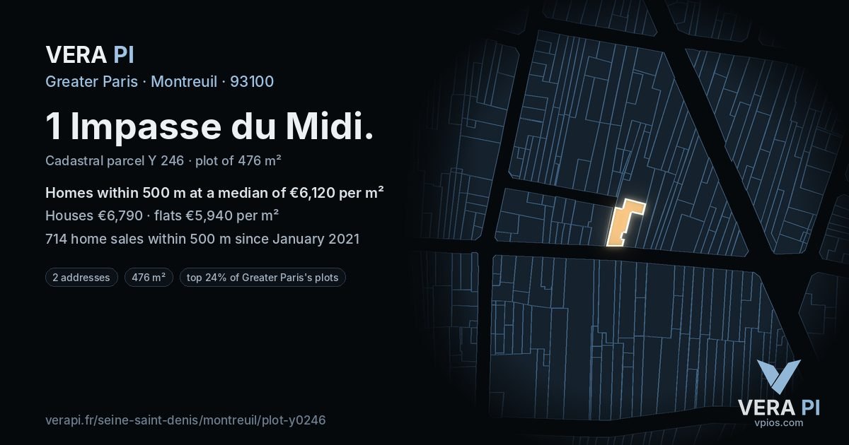 1 Impasse du Midi, Montreuil at night – the plot lit, the parcels around coloured by the prices near them
