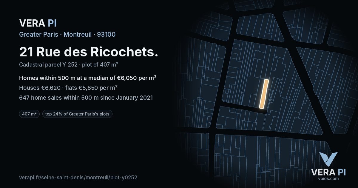 21 Rue des Ricochets, Montreuil at night – the plot lit, the parcels around coloured by the prices near them