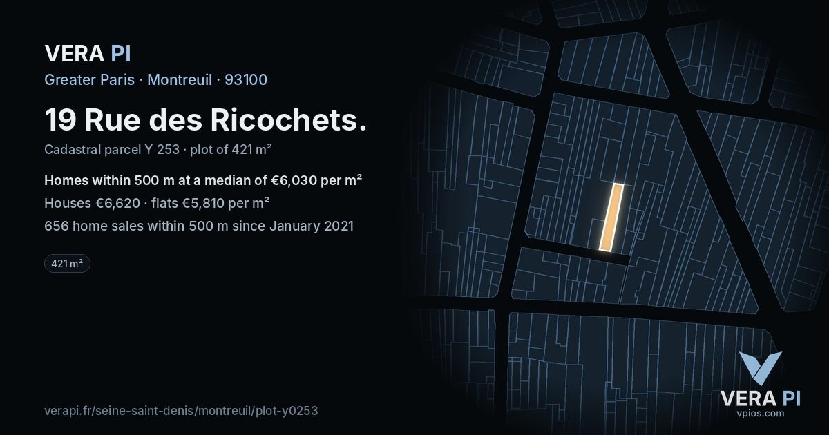 19 Rue des Ricochets, Montreuil at night – the plot lit, the parcels around coloured by the prices near them