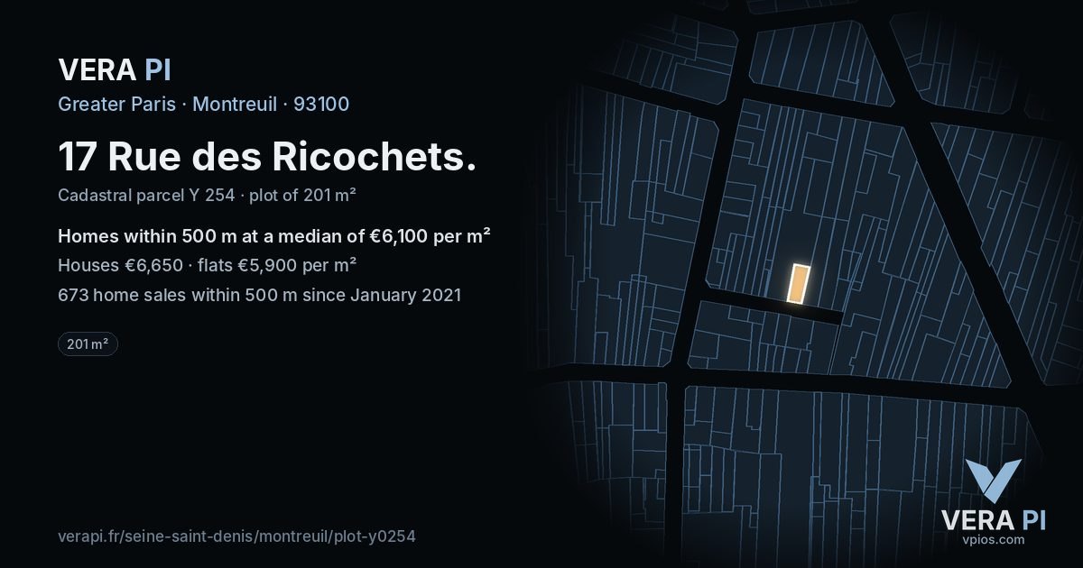 17 Rue des Ricochets, Montreuil at night – the plot lit, the parcels around coloured by the prices near them