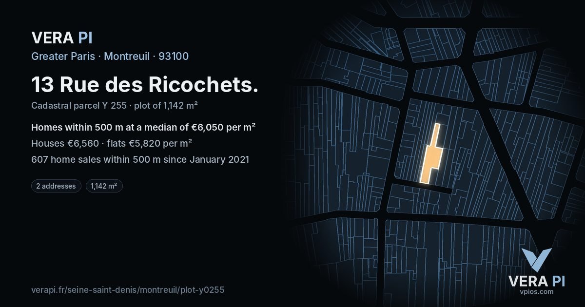 13 Rue des Ricochets, Montreuil at night – the plot lit, the parcels around coloured by the prices near them