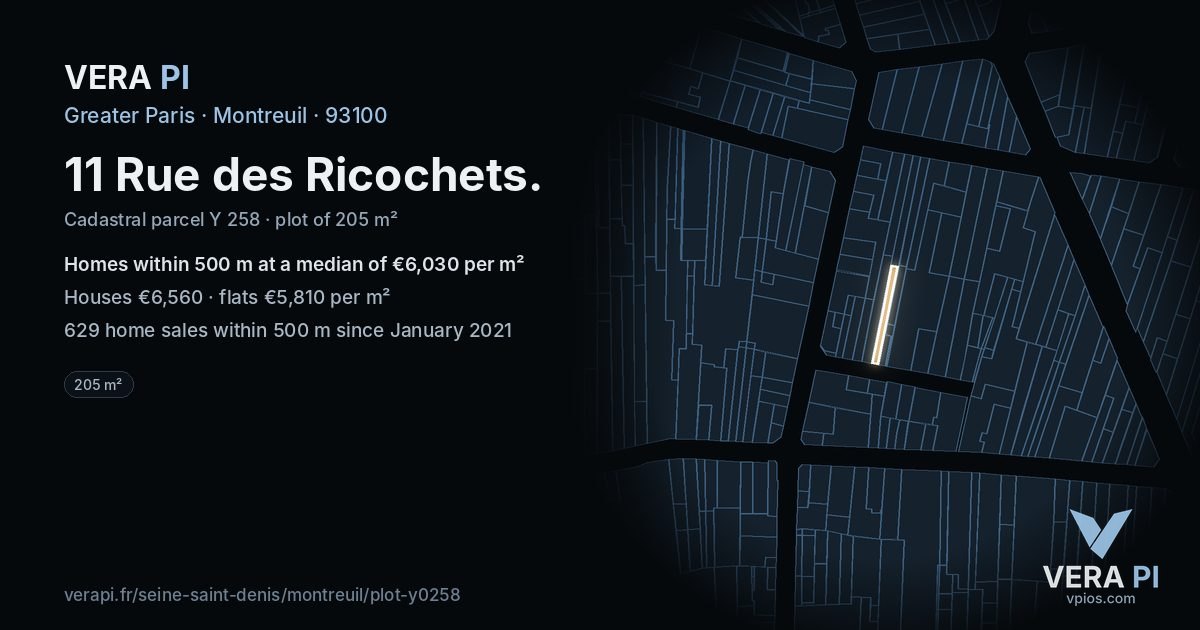 11 Rue des Ricochets, Montreuil at night – the plot lit, the parcels around coloured by the prices near them