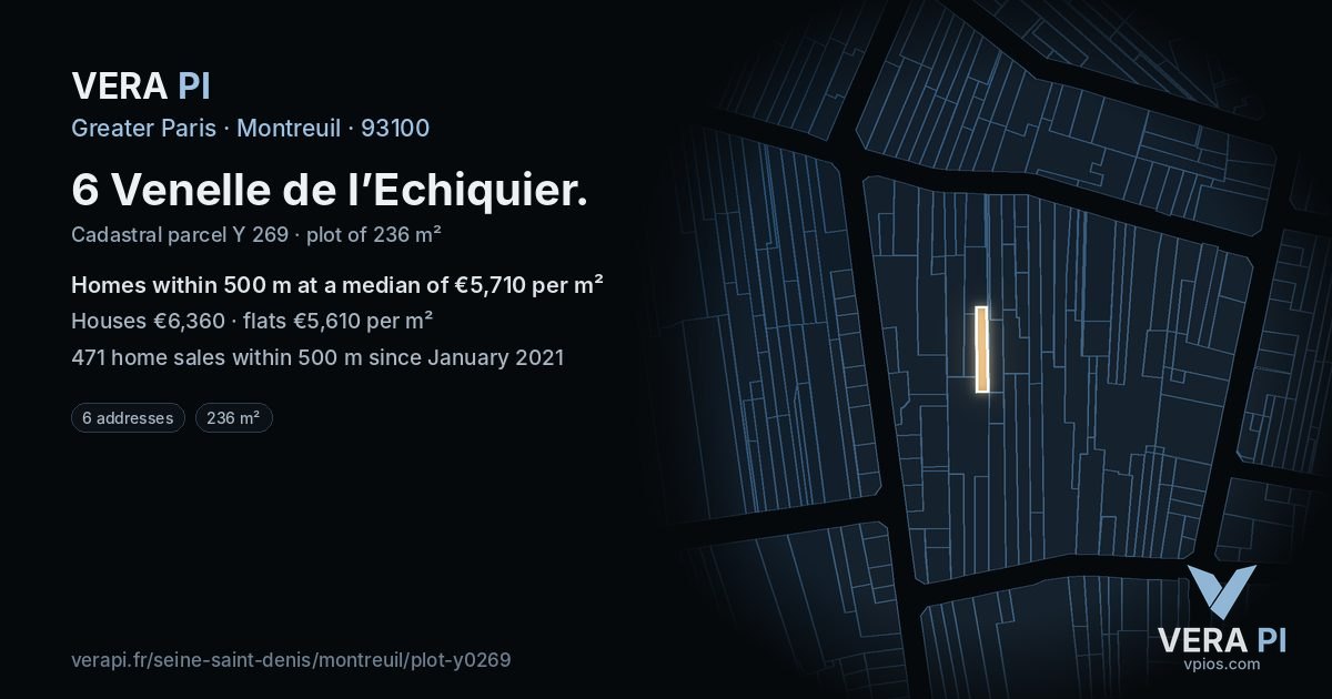 6 Venelle de l’Echiquier, Montreuil at night – the plot lit, the parcels around coloured by the prices near them