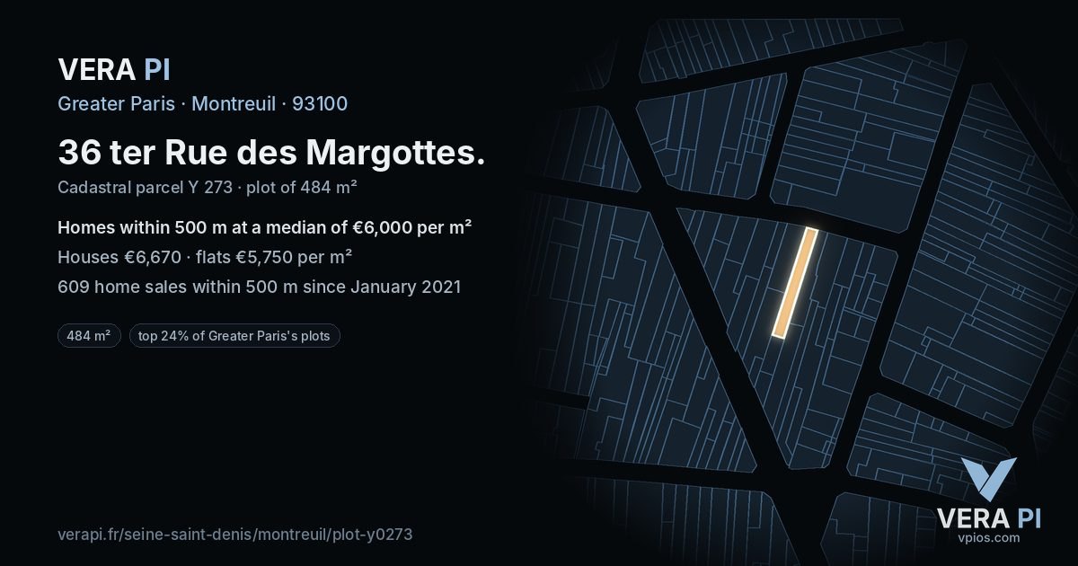 36 ter Rue des Margottes, Montreuil at night – the plot lit, the parcels around coloured by the prices near them