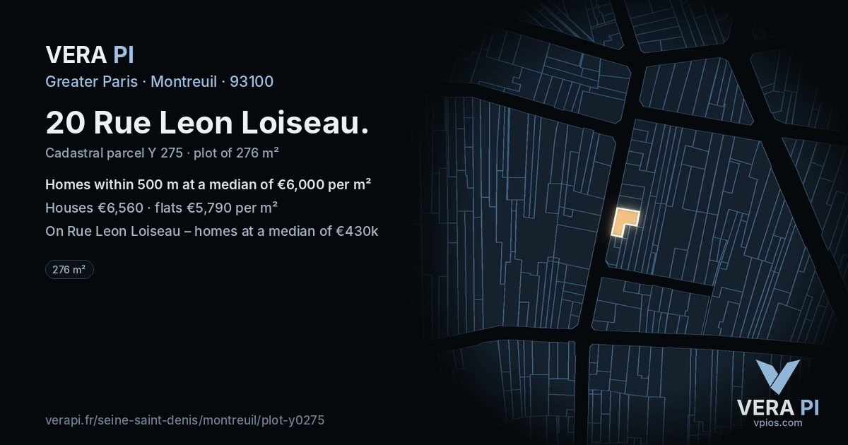 20 Rue Leon Loiseau, Montreuil at night – the plot lit, the parcels around coloured by the prices near them