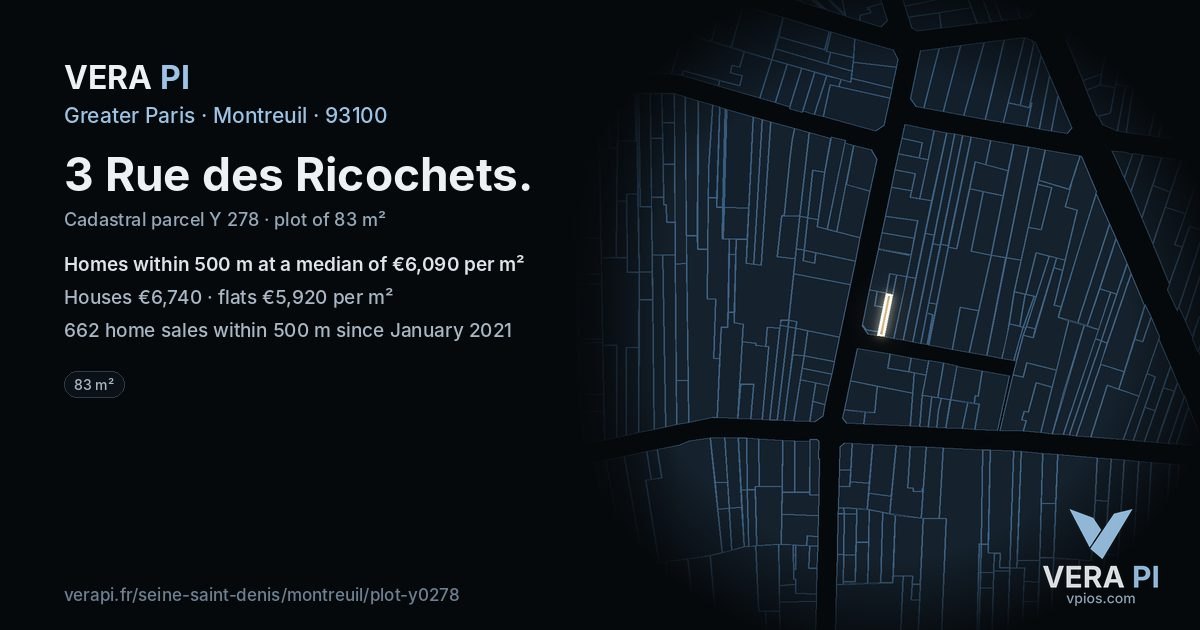 3 Rue des Ricochets, Montreuil at night – the plot lit, the parcels around coloured by the prices near them
