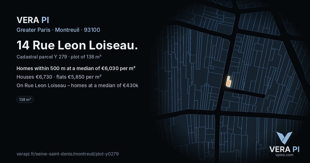 14 Rue Leon Loiseau, Montreuil at night – the plot lit, the parcels around coloured by the prices near them