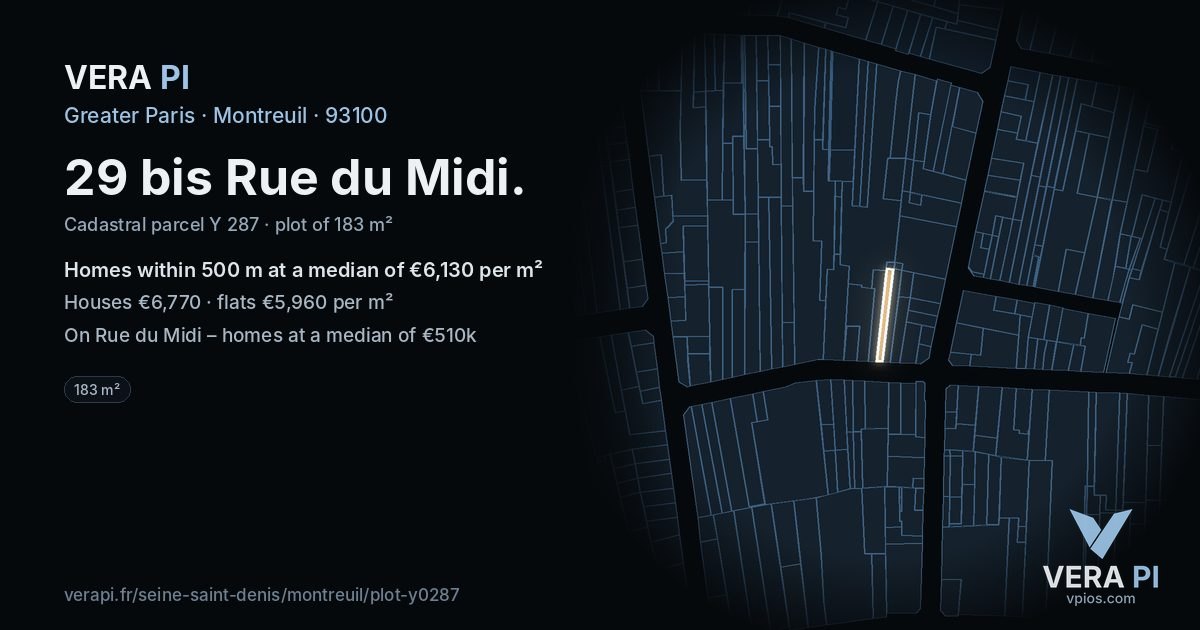 29 bis Rue du Midi, Montreuil at night – the plot lit, the parcels around coloured by the prices near them