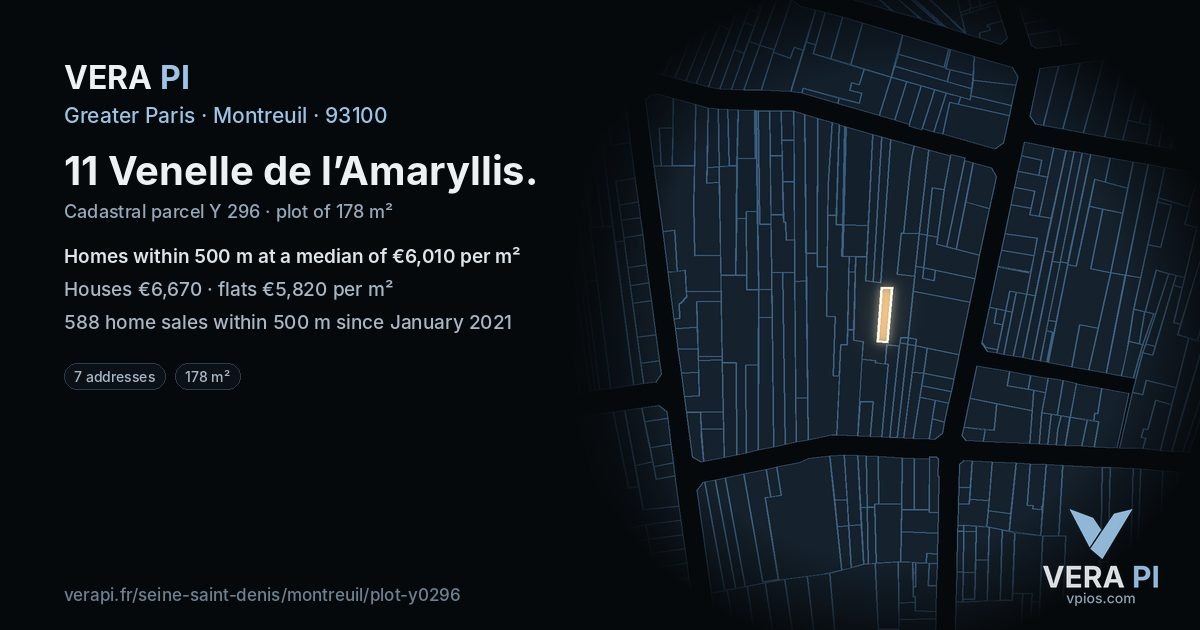 11 Venelle de l’Amaryllis, Montreuil at night – the plot lit, the parcels around coloured by the prices near them