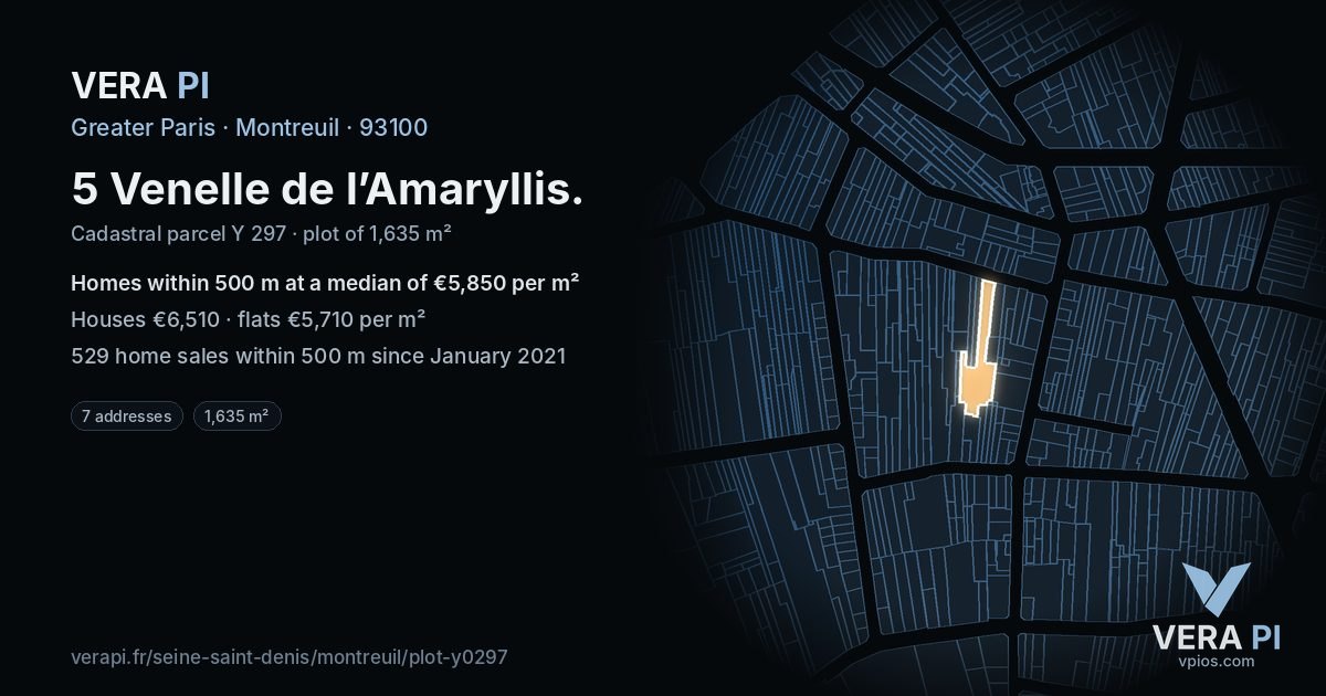 5 Venelle de l’Amaryllis, Montreuil at night – the plot lit, the parcels around coloured by the prices near them