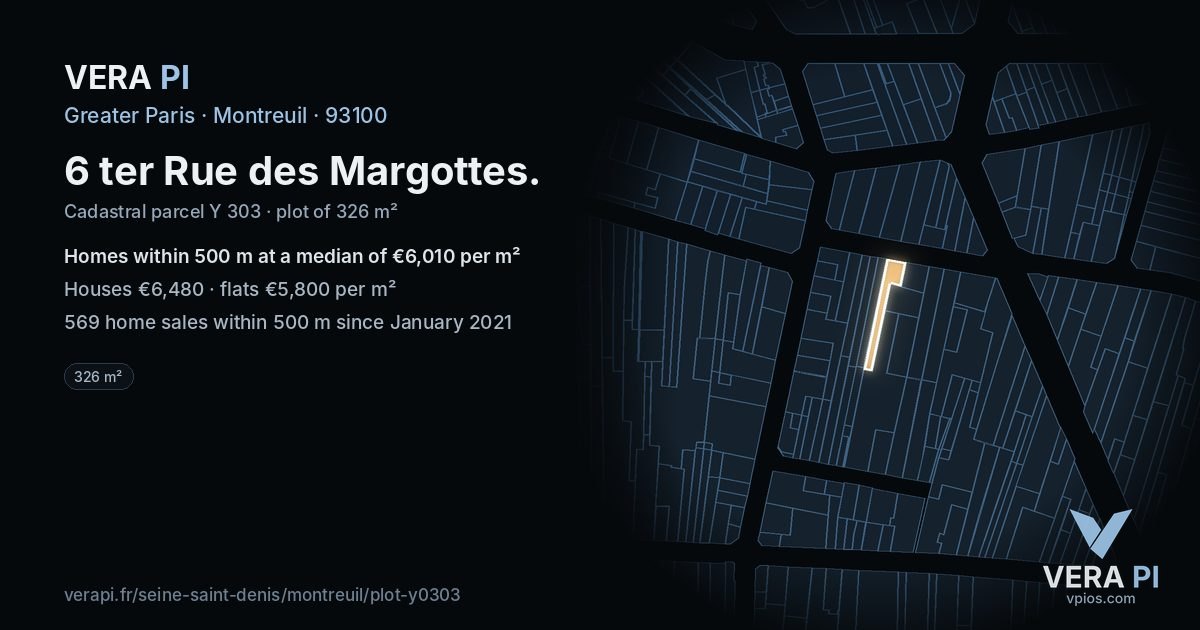 6 ter Rue des Margottes, Montreuil at night – the plot lit, the parcels around coloured by the prices near them