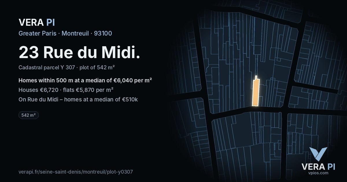 23 Rue du Midi, Montreuil at night – the plot lit, the parcels around coloured by the prices near them