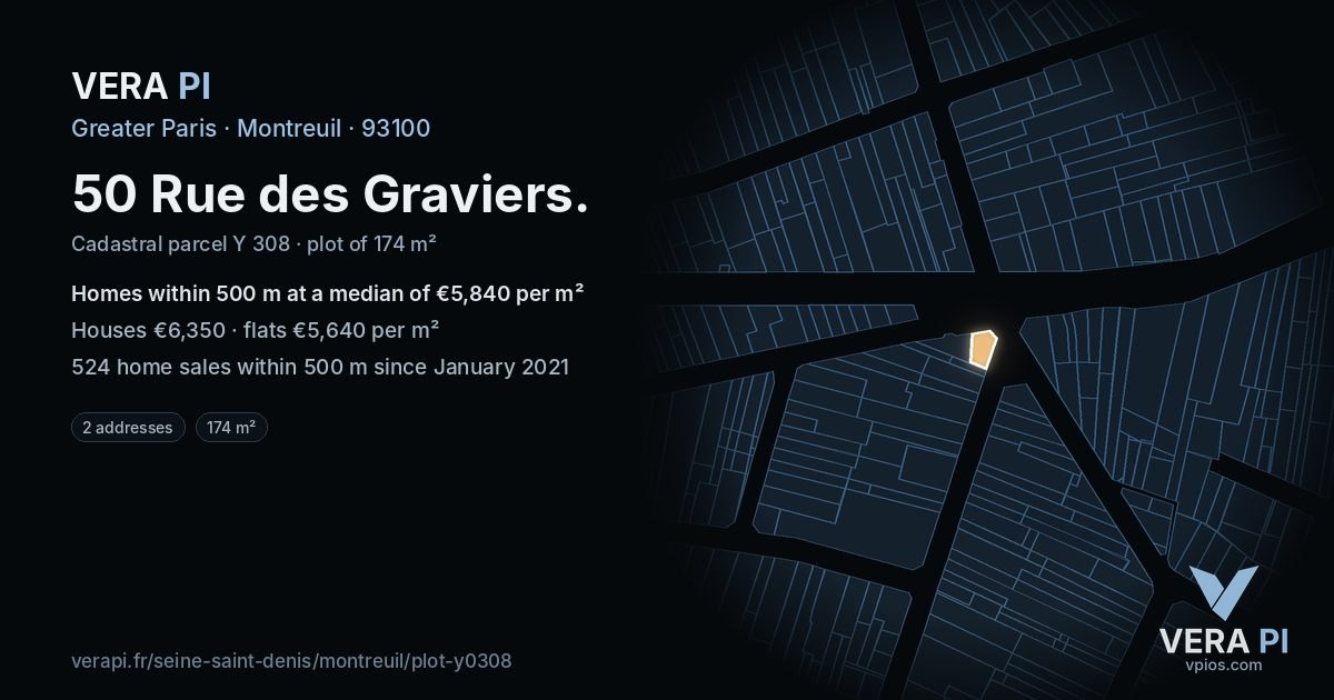50 Rue des Graviers, Montreuil at night – the plot lit, the parcels around coloured by the prices near them
