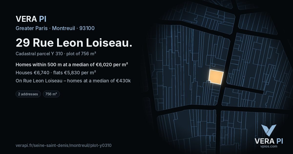 29 Rue Leon Loiseau, Montreuil at night – the plot lit, the parcels around coloured by the prices near them