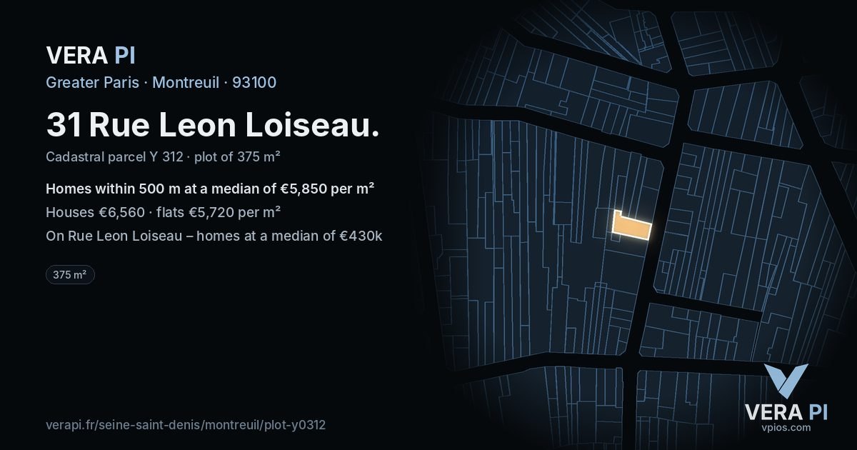 31 Rue Leon Loiseau, Montreuil at night – the plot lit, the parcels around coloured by the prices near them