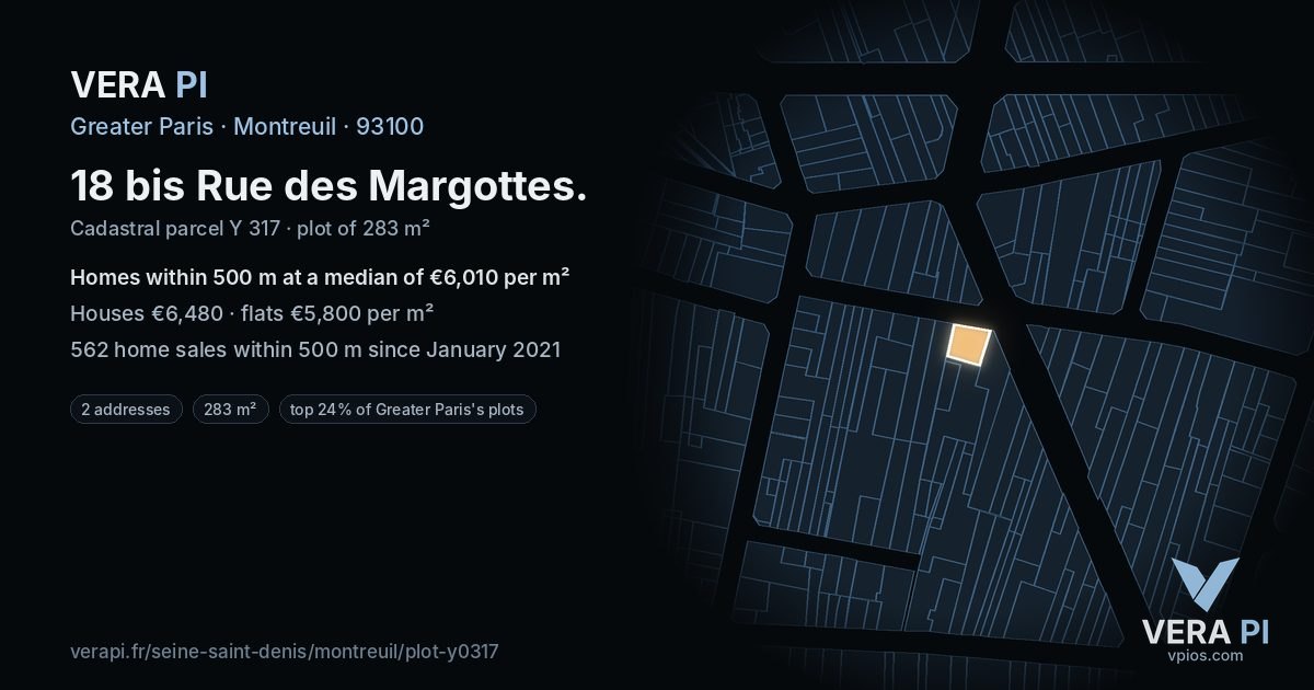 18 bis Rue des Margottes, Montreuil at night – the plot lit, the parcels around coloured by the prices near them