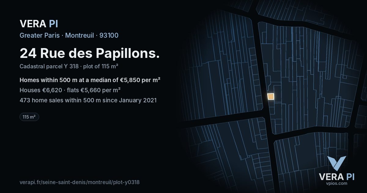 24 Rue des Papillons, Montreuil at night – the plot lit, the parcels around coloured by the prices near them