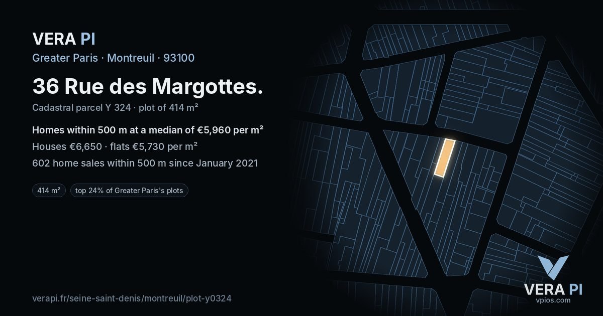 36 Rue des Margottes, Montreuil at night – the plot lit, the parcels around coloured by the prices near them