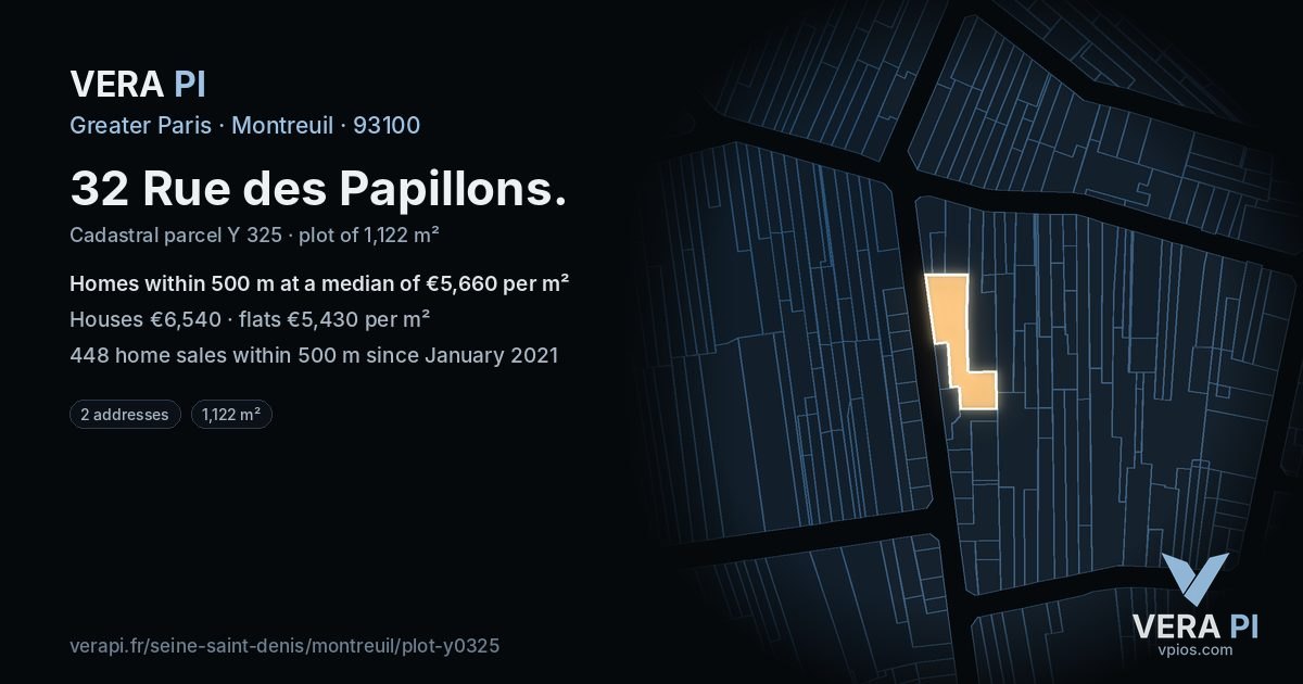 32 Rue des Papillons, Montreuil at night – the plot lit, the parcels around coloured by the prices near them