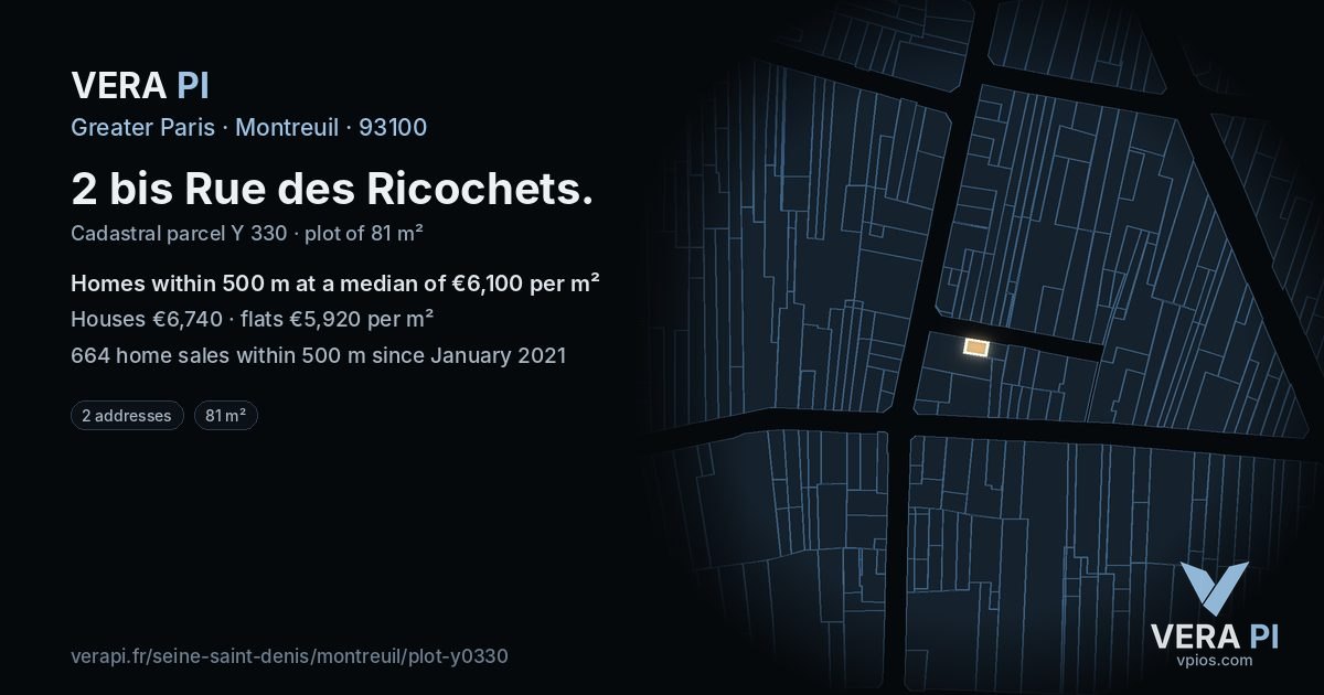 2 bis Rue des Ricochets, Montreuil at night – the plot lit, the parcels around coloured by the prices near them
