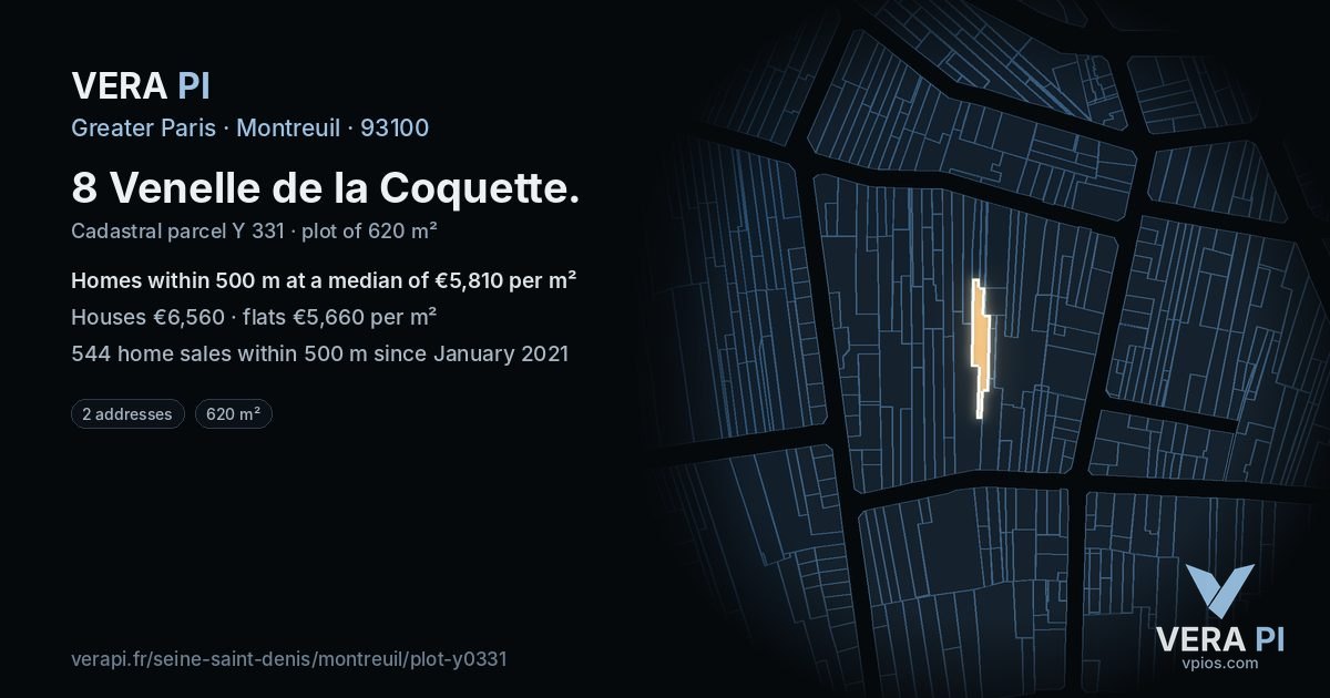 8 Venelle de la Coquette, Montreuil at night – the plot lit, the parcels around coloured by the prices near them
