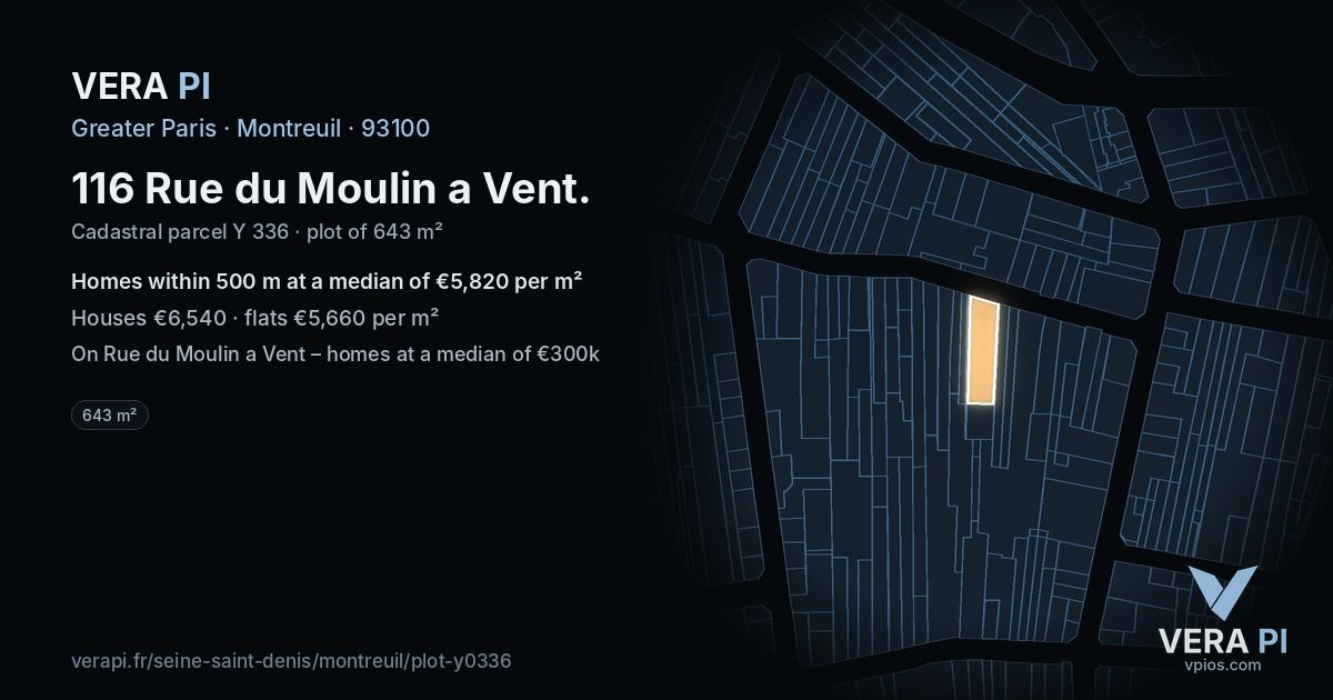 116 Rue du Moulin a Vent, Montreuil at night – the plot lit, the parcels around coloured by the prices near them