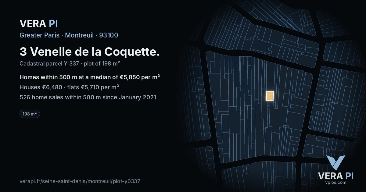 3 Venelle de la Coquette, Montreuil at night – the plot lit, the parcels around coloured by the prices near them