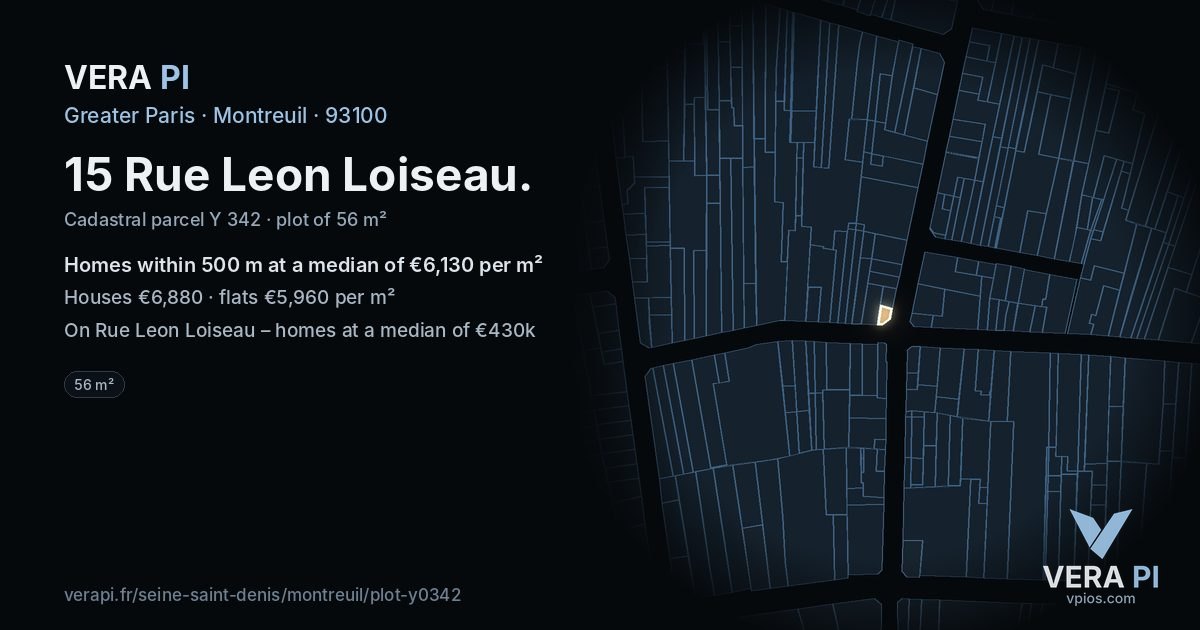 15 Rue Leon Loiseau, Montreuil at night – the plot lit, the parcels around coloured by the prices near them