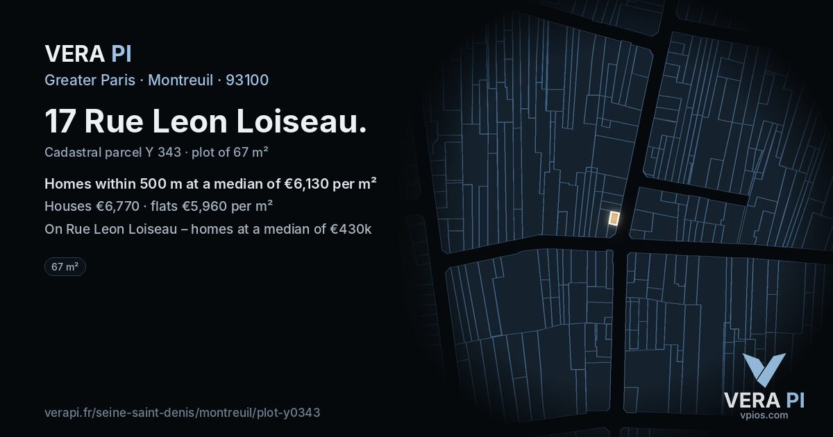 17 Rue Leon Loiseau, Montreuil at night – the plot lit, the parcels around coloured by the prices near them