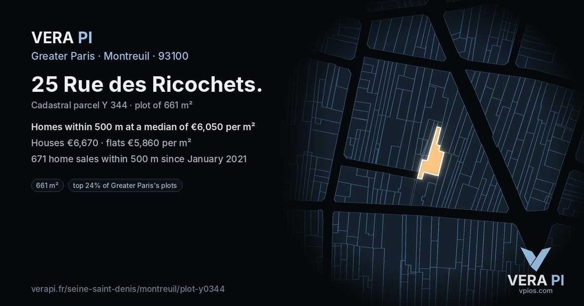 25 Rue des Ricochets, Montreuil at night – the plot lit, the parcels around coloured by the prices near them