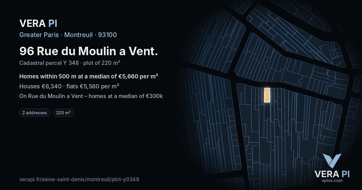 96 Rue du Moulin a Vent, Montreuil at night – the plot lit, the parcels around coloured by the prices near them