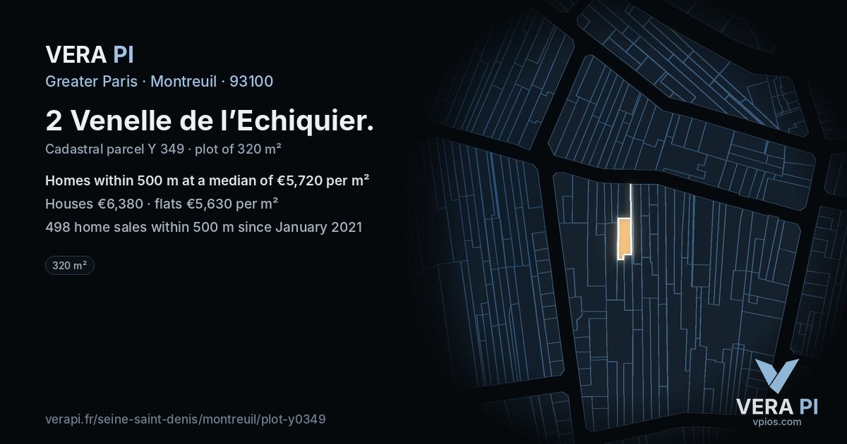 2 Venelle de l’Echiquier, Montreuil at night – the plot lit, the parcels around coloured by the prices near them