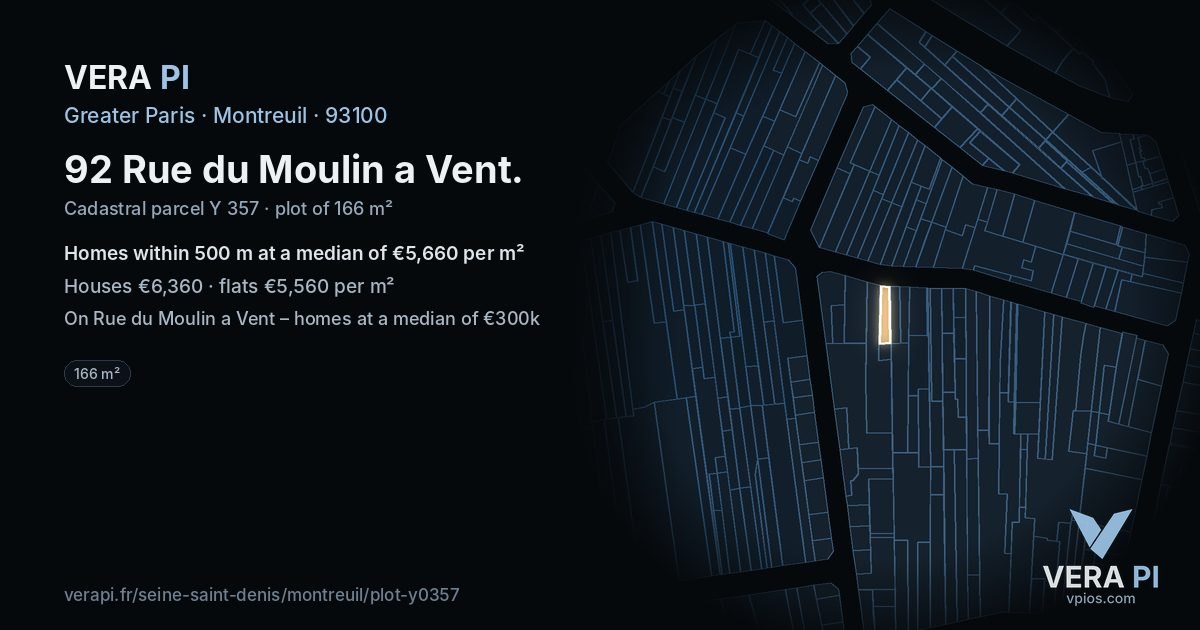 92 Rue du Moulin a Vent, Montreuil at night – the plot lit, the parcels around coloured by the prices near them