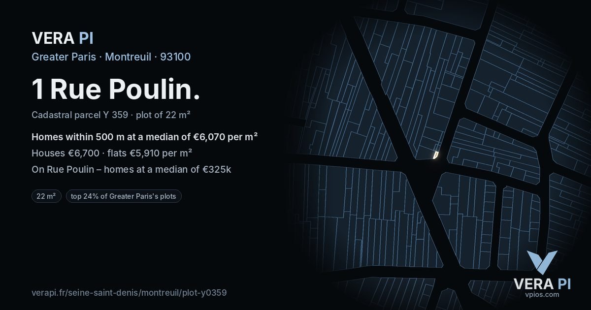1 Rue Poulin, Montreuil at night – the plot lit, the parcels around coloured by the prices near them