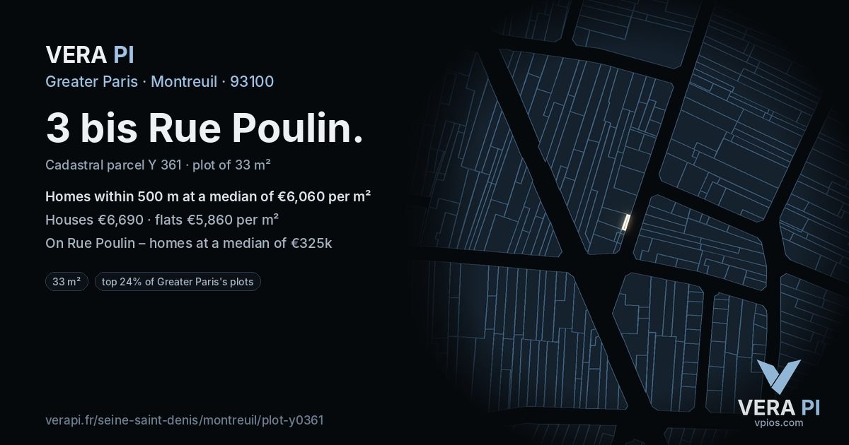 3 bis Rue Poulin, Montreuil at night – the plot lit, the parcels around coloured by the prices near them