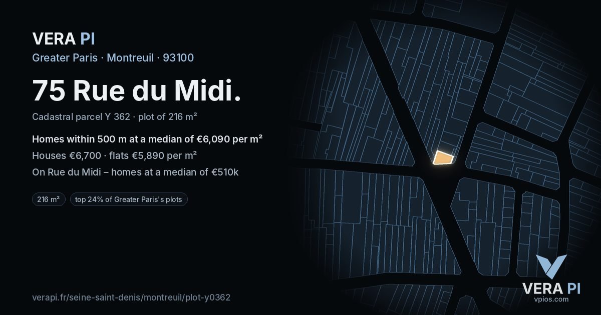 75 Rue du Midi, Montreuil at night – the plot lit, the parcels around coloured by the prices near them