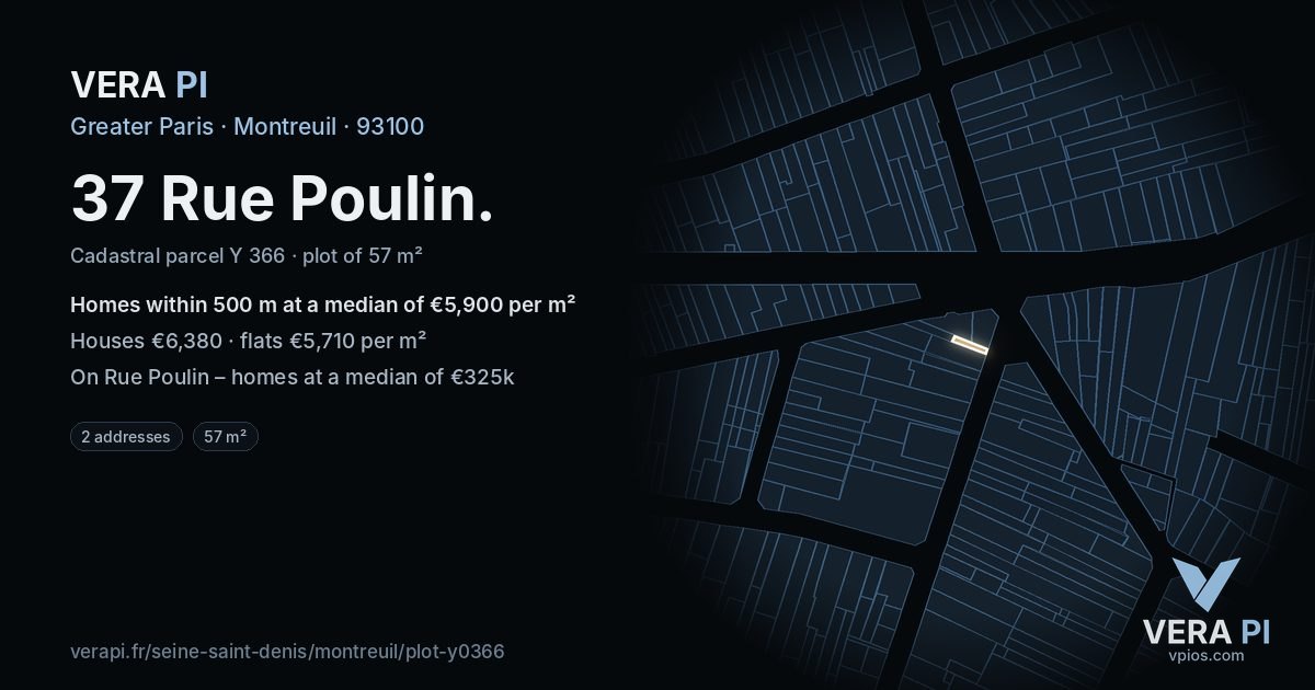 37 Rue Poulin, Montreuil at night – the plot lit, the parcels around coloured by the prices near them
