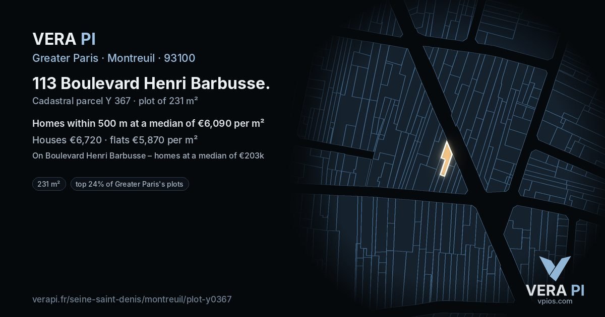 113 Boulevard Henri Barbusse, Montreuil at night – the plot lit, the parcels around coloured by the prices near them